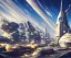 Placeholder: Spaceship starting from a Spaceport on a heavy industrialized planet, art by John Berkey, buildings with glass facades, insanely detailed, vibrant, 8k uhd, cinematic aosphere, ultra-wide angle, street level view, brush strokes, blue sky with clouds