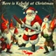Placeholder: there is no kebabs at christmas, evil Santa, evil gnomes running around, staring flaming eyes, evil Rudolf, very big evil angry Frosty the snowman in background, kebabs and kebab, 1940 christmas postcard, blood stains, Flying angel Keruber, Santa holding a knife