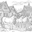 Placeholder: oloring book for kids, no colors, horses in village