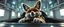 Placeholder: car driving happy 2d fluffy orc fox in the style of Escher and Giger and Fallout 4, pinhole cam, airbrush 3d rendering, on tv screen:A five-second cinematic single take in a clean industrial presentation hall.