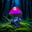 Placeholder: "Close up of a wonderful tiny Mushroom Tower home. Magenta and red with bright white, deep black and contrasting tones of gray magenta and violet colors. Illuminated bioluminescent forest. Professional painter, master at composition. small but detailed. broken, blurred background, voluminous lighting"