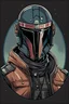 Placeholder: High Quality Science Fiction Character Portrait of an bounty hunter in a Bomber Jacket. Illustrated in the Style of the Archer Tv Series. Wearing a Mandalorian helmet.