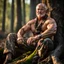 Placeholder: close up photography of an angry 58 years old seated on a tree trunk in the wood, burly strong beefy muscular , big shoulders, manly chest, bulging hunter camouflage trouser , shirtless, hairy , golden hour, tatoo, 35mm lens, f/1.8, accent lighting, global illumination, frontal view from the ground