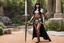 Placeholder: Jameela Jamil at the good place as a barbarian warrior with boots, her armour is made of linen and leather with pikes, she holds a war pike