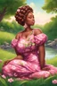 Placeholder: An airbrushed illustration of a curvy black cartoon woman sitting relaxed on a sunny riverbank, lush green grass surrounding her. Facing left in profile, she has flowing chestnut hair styled in an elaborate braided twist. complementing the pink floral maxi dress wrapped snugly around her exaggerated curves. One hand touches her cheek lightly as she looks to the distance, brown eyes enhanced by long lashes and purple eyeshadow. Bold brown lips match the brown flowers on her dress