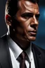 Placeholder: 45 year old man with Dark tanned skin. dark brown hair which hangs at his shoulders, clean shaven. stalker looking. wearing a cheap suit