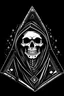 Placeholder: finko skeleton in a black hooded cloak drawn in a retro mascot cartoon style, inside a light diamond shape on a black background, monochromatic
