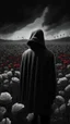 Placeholder: Bosch nightmares paining style Title:a field of poppies all colored in black and white, a hooded man in the dark standing in the middle , 8k artistic photography, photorealistic concept art, soft natural volumetric cinematic perfect light, chiaroscuro, award-winning photograph, masterpiece, oil on canvas, Raphael, Caravaggio, Greg Rutkowski, people, beksinski, Giger