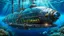 Placeholder: An unique cyber steampunk glass and metal submarine in the ocean, with large of water surrounding it. The submarine bottom positioned in the center of the frame, providing a unique perspective on this streamlined high-techstructure and interior equipment underwater, high detalied, sharp focus, best shot, sci-fi mood