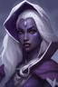 Placeholder: Dungeons and Dragons portrait of the face of a female drow rogue with pale armor, dark purple skin, and white hair
