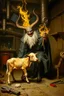 Placeholder: Glowing Lord Satan kidnapping young holy calf while medicating holy old cow, inside science factory, painted by Rembrandt