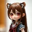 Placeholder: a close-up headshot of a chibi woman with long brown hair, red eyes, brown ferret ears, a mischievous expression, American clothes, intricately detailed, masterpiece, anime chibi doll