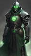 Placeholder: Male Warforged robotic cleric, with round green glowing eyes, cloak, wearing black chain armor, medieval style, dungeons and dragons
