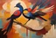 Placeholder: Create a painting of mysterious fortune Bird with having two leg for wealth and busines growth, earthen background, vibrant rich dark colors combining with bstract shapes and warm color palettes, letting the painting take on an organic and earthy vibe