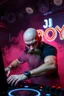 Placeholder: An "angry DJ" performing at dance club, his name is "Roy" Very hard looking with bald and beard, angry and intensiv staring, Glowing red eyes, Neon lights and smog, "DJ ROY" big sign on the wall