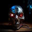 Placeholder: half destroyed robot head lying on a wooden surface, silver face parts, rgb lights rugged face, strings and metal pieces sticking, blue and red eyes bright glow lights, inner machinery look, oil leak, cinematic macro shot,