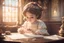 Placeholder: cute chibi contented victorian princess writing a letter in a victorian room in sunshine, ethereal, cinematic postprocessing, dof, bokeh