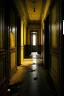 Placeholder: a scary dark eternal corridor filled with doors, the background is musty with a little fog and the walls have a yellow old peeling wallpaper, there is dust in the floor and there are marks of sratches over the walls and doors