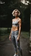 Placeholder: photography of a beautiful anorexic woman, grey satin sports bra, sports illustrated, blond short wavy bob haircut, pronounced sternum, grey running leggins