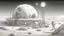 Placeholder: sketch drawing of tranquility base colony on the moon, sci fi futristic dome structure with oxygen tank and farms. moon base.