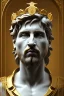 Placeholder: Ultra Realistic image, classical renaissance sculpture, white marble material, Lionel Messi, emperor style, gold Laurel leaves crown, chisel style, waist up portrait, epic, celestial, cinematic lighting, God light, god rays, 4k resolution, smooth details, ornate details, soft lighting, unreal engine 5, marble background.