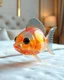 Placeholder: Generate image: Generate image: Generate image: A macro 3D render of a cute, lovely fish entirely of translucent, glossy,colored jelly material. it is sitting on conform in a luxury bedroom ,subsurface scattering and gelatinous texture . High-quality CGI, octane render, 8k resolution, whimsical, adorable, clean composition., in the style of Portraits, in the style of Portraits, 4:3