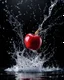 Placeholder: A piece of red apple, thrown into the water, when the piece of apple sinks into the water, splashes of syrup are visible (water splash effect), black background. slow motion effects, long exposure, realistic photo, 8K