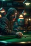 Placeholder: portrait of shady thief ninja playing pool in an d&d style tavern, in the style of fantasy movies, photorealistic, shot on Hasselblad h6d-400c, zeiss prime lens, bokeh like f/0.8, tilt-shift lens 8k, high detail, smooth render, unreal engine 5, cinema 4d, HDR, dust effect, vivid colors