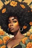 Placeholder: create a comic book art style image with exaggerated features, 2k. cartoon image of a curvy size black female looking off to the side with a large thick tightly curly asymmetrical afro. Very beautiful. With orange and Yellow flowers
