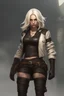 Placeholder: full body female rogue character, white blonde hair, leather clothes, wearing a skirt