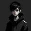 Placeholder: animated person with white skin, short and messy hair that is black with white streaks through it, wearing long, black jacket