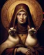 Placeholder: hauntingly illuminated medieval portrait of Saint Gertrude of Nivelles, her serene yet commanding presence radiating from the gilded frame as if stepping through time. Dressed in flowing 7th-century abbess robes of deep burgundy and gold, she cradles two sinuous Oriental Shorthair chocolate point Siamese cats like sacred relics—their piercing blue eyes glowing like sapphires against velvety sepia fur, their angular faces turned toward her with feline reverence. One paw rests on her embroidered s