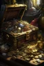 Placeholder: Classism painting style pirate open a treasure box of jewelry and diamonds and gold coins ,intricate insanely , ,detailed octane render trending on artstation, 8k artistic photography, photorealistic concept art, soft natural volumetric cinematic perfect light, chiaroscuro, award-winning photograph, masterpiece, oil on canvas, Raphael, Caravaggio, Greg Rutkowski, people, beksinski, Giger