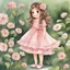 Placeholder: watercolor, full body, cute smile girl, curly hair, big eyes, long brown hair, pink dress, pink shoes, white backgrownd