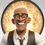 Placeholder: a portrait of smiling man. caricature. black rare hair. fair brown skin. black eye pupils. circle eyeglasses, thin gold frame. rectangle face shape. white shirt with black vest. pixar style. 3D. 4k. portrait. highly detailed. sharp focus. high resolution. full color. cinema lighting