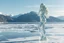 Placeholder: in a frozen sea with pretty mountains a full model lady statue with long curvy hair made of frozon water in artist pose standing over frozon water looking at camera, of clear glass like ice that going to melt and water drops fall from all body.