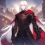 Placeholder: Vampire knight, young man, long white hair, black full plate armor, red cape