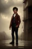 Placeholder: photorealistic oil painting of boy in 1820, standing on a street corner, dimly lit, dark clouds, rain, lightning