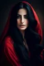 Placeholder: portrait of a beautiful arabic woman with super long black hair, warm-hearted, goddess, red