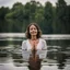 Placeholder: photography of a beautiful and happy anorexic woman, standing in lake water, eyes closed, meditation, white top, yoga flyer, brunette short wavy bob haircut, serenity, misty, relaxing image