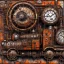 Placeholder: an abstract painting of an old locomotive, rust, scaffolding, iron cladding, decay, mixed media, textured, anatomically correct, melted clock, highly detailed