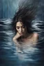 Placeholder: matte painting of a beautiful woman's face just under the surface of the water, close-up, sad, peaceful, beautiful, long messy hair, minimal colors, rough paint strokes, black, white, and a hint of dark blue and silver, paint strokes, insanely detailed, detailed matte painting, deep colors, intricate detail, splash screen, mystic, complementary colors