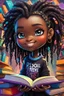 Placeholder: A sassy futurism ABSTRACT colorful art cartoon black chibi girl troll LOOKING DOWN, surrounded by colorful BOOKS. Looking up coyly, she grins widely, showing her Teeth. Highly detailed black shiny dread locs , regal expression.