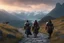Placeholder: A panoramic, cinematic film still capturing Griz, a imposing female half-orc cleric, and a stoic male grey Ranger walking side-by-side on a rugged highland path at dusk. The scene is shot on 75mm Technicolor, Panavision, and presented in Cinemascope (2.35:1) with sharp focus, fine details, and an 8k HDR realistic texture. Griz (left) has greenish skin marked by visible ritual scars, intelligent burning yellow eyes, and an intense expression as she speaks softly. She wears sturdy fur boots, dark