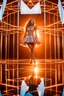 Placeholder: stage inside of a 3d crystal pyramid lovely light reflections ,full body shot of very beautiful lady skirt and bluse , Braided hair ,dancing in stage in the crystal cube pretty makeup,full cube shot