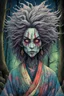 Placeholder: full color front facing portrait of a malevolent Yama Uba witch in a ragged kimono with highly detailed shaggy hair and slim, withered narrow facial features, in a haunted mountain forest, pierced by shafts of moonlight , art in the style of Alex Pardee, spirited away, studio ghibli, , 8k , finely detailed and precise line work, soft natural Spring colors