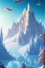 Placeholder: mountain with ice-cream on top, lake, trees, mystical, art deco