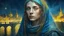 Placeholder: Old canvas, Portrait of a Medieval beautiful sad woman 20 years old, fantasy, night, fog, blue, yellow, city, bridge, water, sparkles, fine drawing, bright colors, high resolution, 3D, clear lines, photorealism,