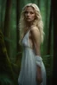 Placeholder: young woman small in stature Her features were soft, and her blonde hair framed her petite face.she wore was a thin white nightdress, which ended just above her knees. green/blue eyes. realistic 4k darkfantasy forest