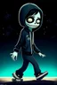 Placeholder: a cute animation boy, skateboarding , trendy hoody, 8 k, tim Burton skeleton style from the movie "night before Xmas", realistic animation, gothic